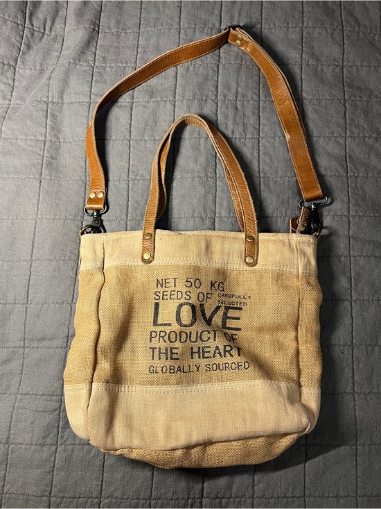 Myra Bag Handbags - Myra Bag Beige Organic Upcycled Mkt Bag with Brown Leather Straps